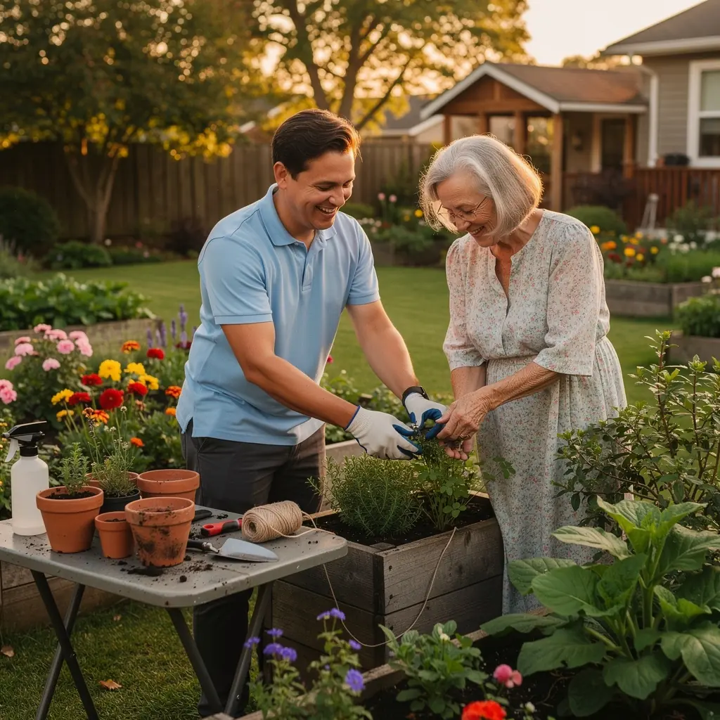 Een zorgverlener helpt een oudere man met het bereiden van een gezonde maaltijd in een gezellige keuken.