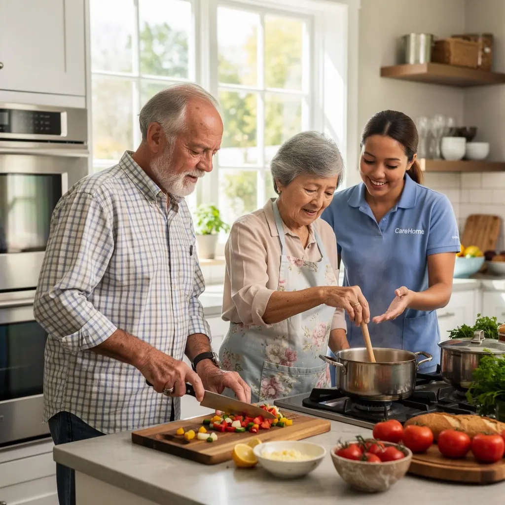 Een zorgprofessional biedt ondersteuning aan een oudere vrouw die moeite heeft met opstaan uit een stoel.