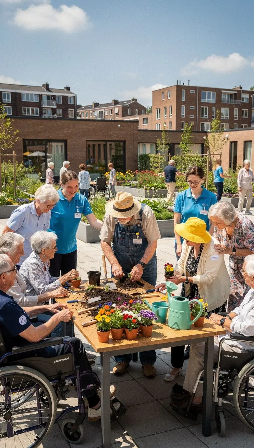 Een zorgverlener leest voor aan een oudere man, terwijl ze samen genieten van een rustige middag in de woonkamer.