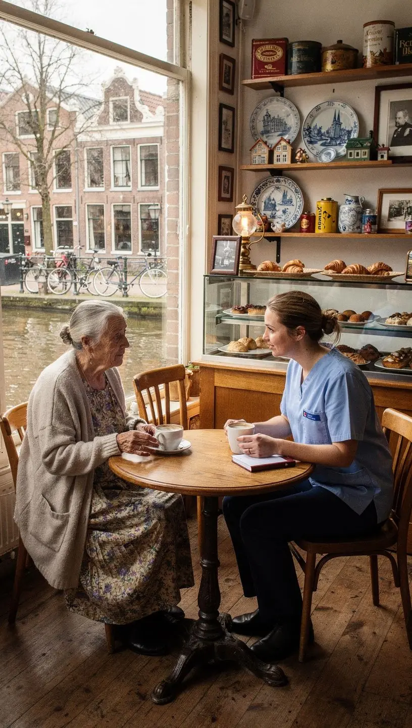 Een oudere vrouw en haar zorgverlener lachen samen terwijl ze een hobby zoals schilderen delen, wat hun band versterkt.